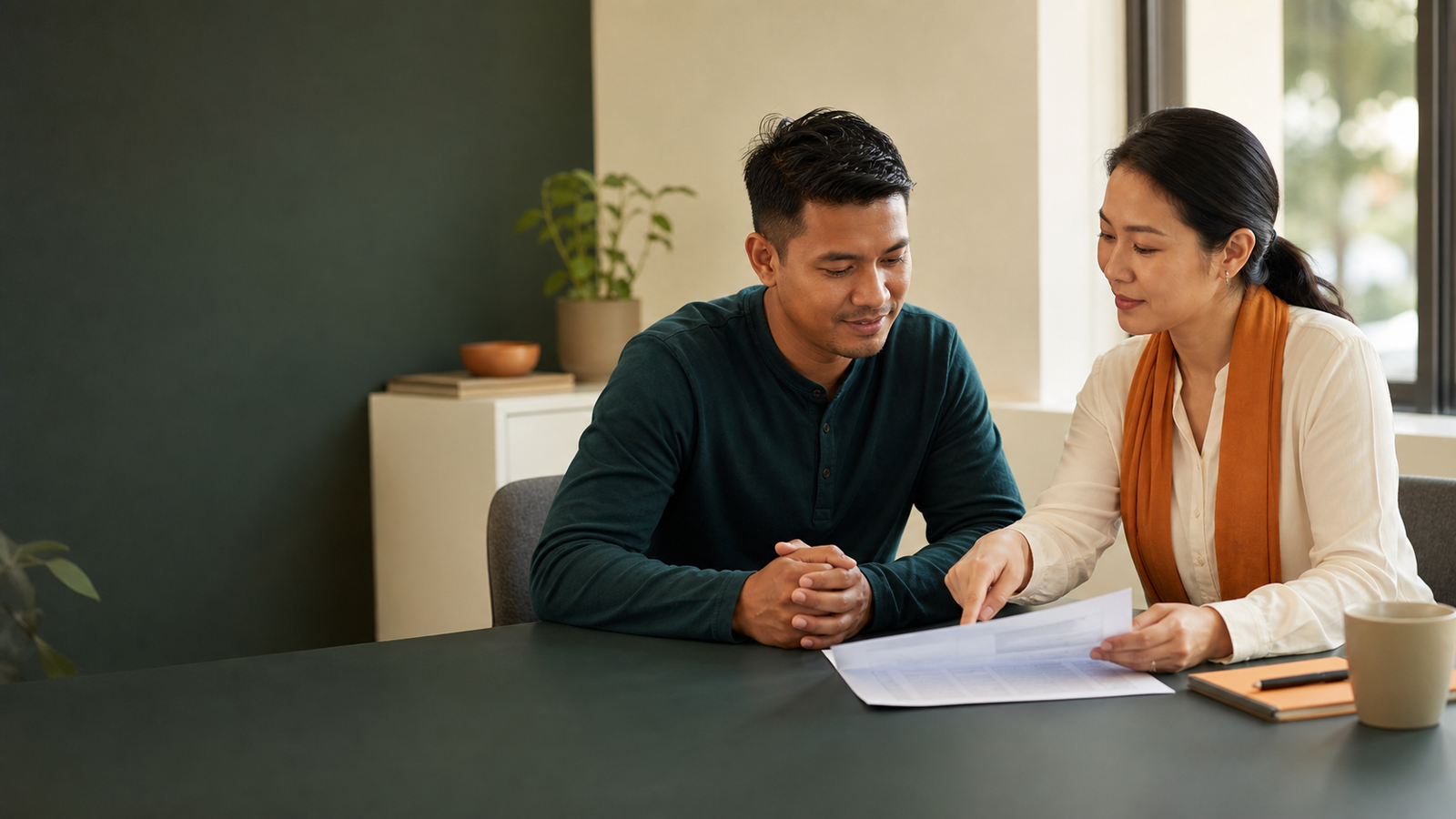 A worker and counsellor calmly reviewing employment documents