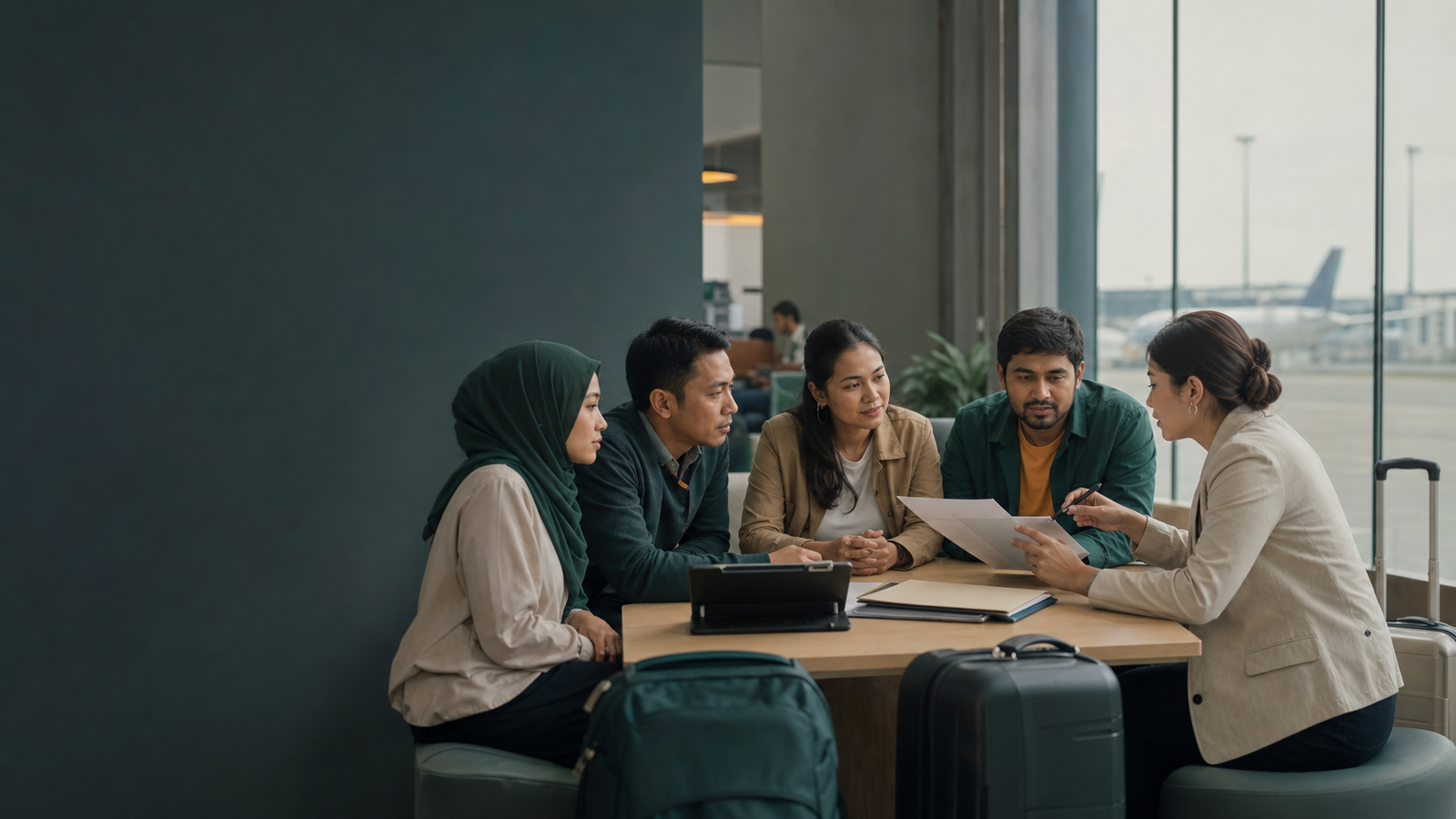 Migrant workers reviewing travel and employment documents with a support adviser at an airport
